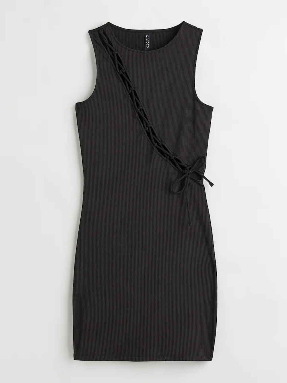 H&M Black Sleeveless Ribbed Mini Dress with Diagonal Lace-Up